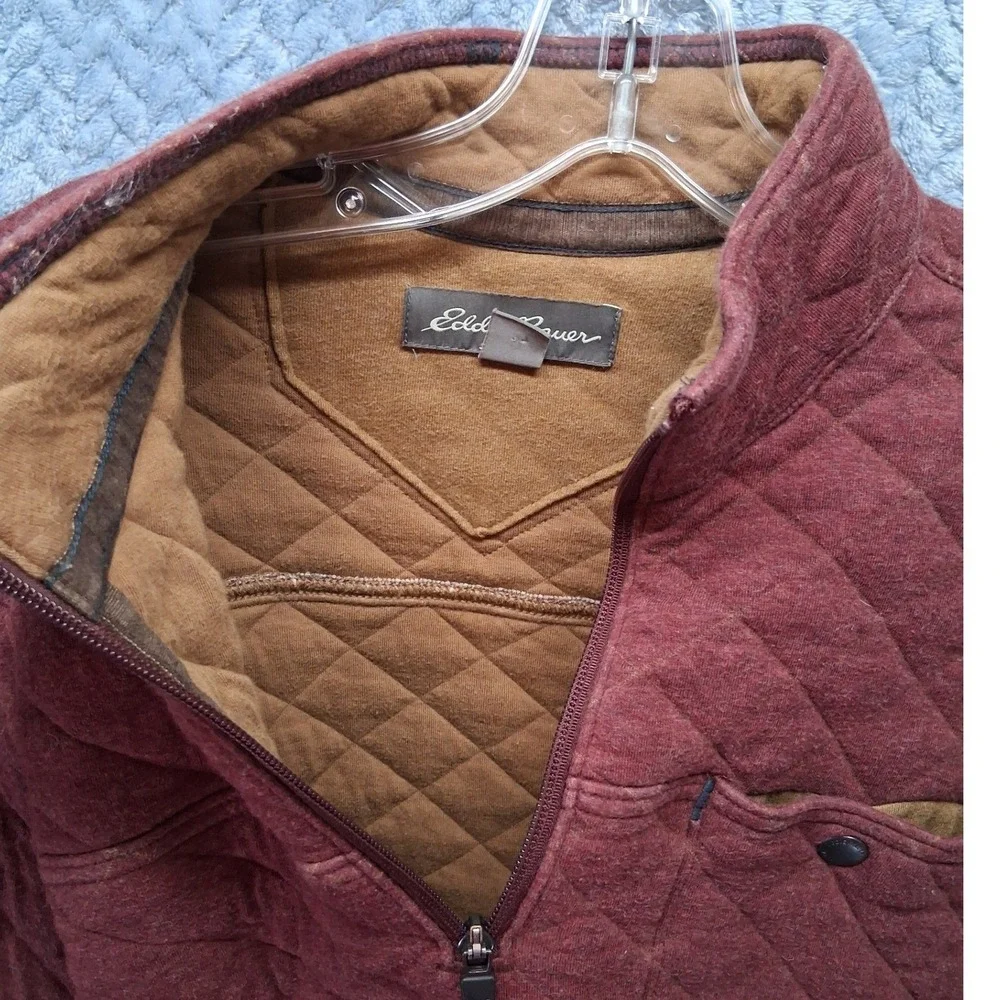 Eddie Bauer Mens Quilted Quarter Zip Pullover Burgundy Maroon Tall Large TL Warm